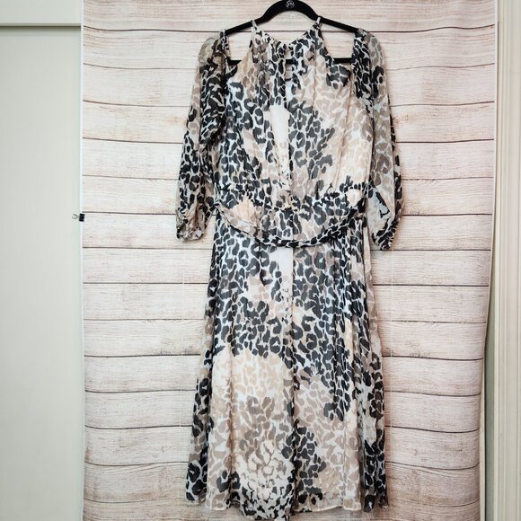 London Times Woman Cold Shoulder Midi Leopard Print Beige Brown Dress Size 1X - Picture 12 of 16